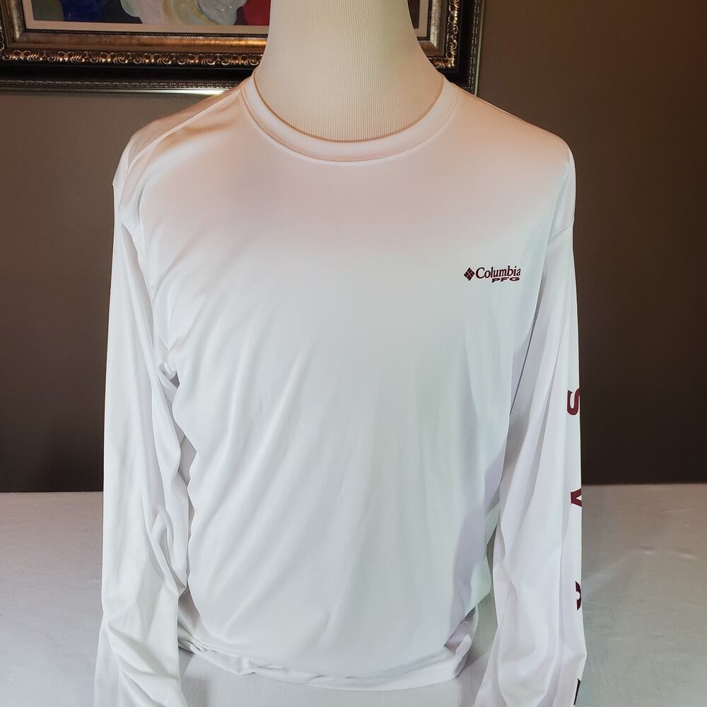 Columbia PFG Mens XL White Long Sleeve Shirt Fishing Graphic Outdoor Performance